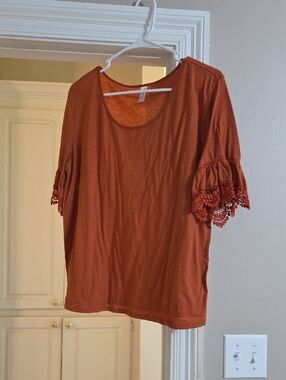 PerSeption Concept Rust Scoop Neck Top with Crochet Trim Sleeves